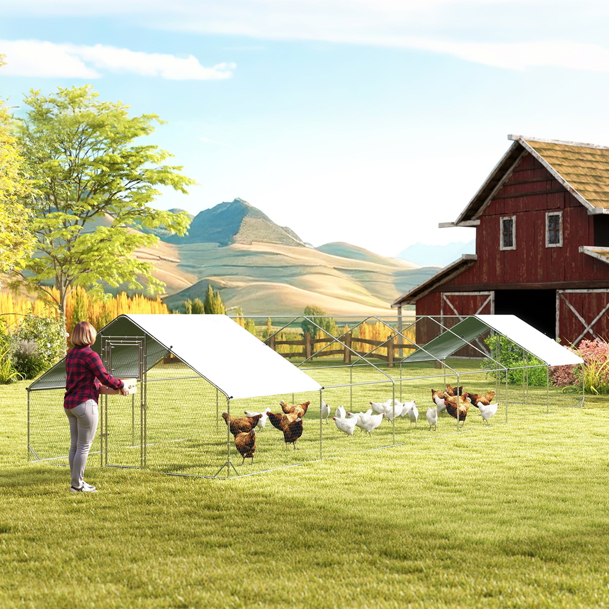 Metal Chicken Coop, Walk-in Large Chicken Run, Poultry Cage for 36-50 Hen, Duck, Rabbit with Water- and UV-Protection Cover, for Backyard, Garden, 39.4' x 9.8' x 6.4'