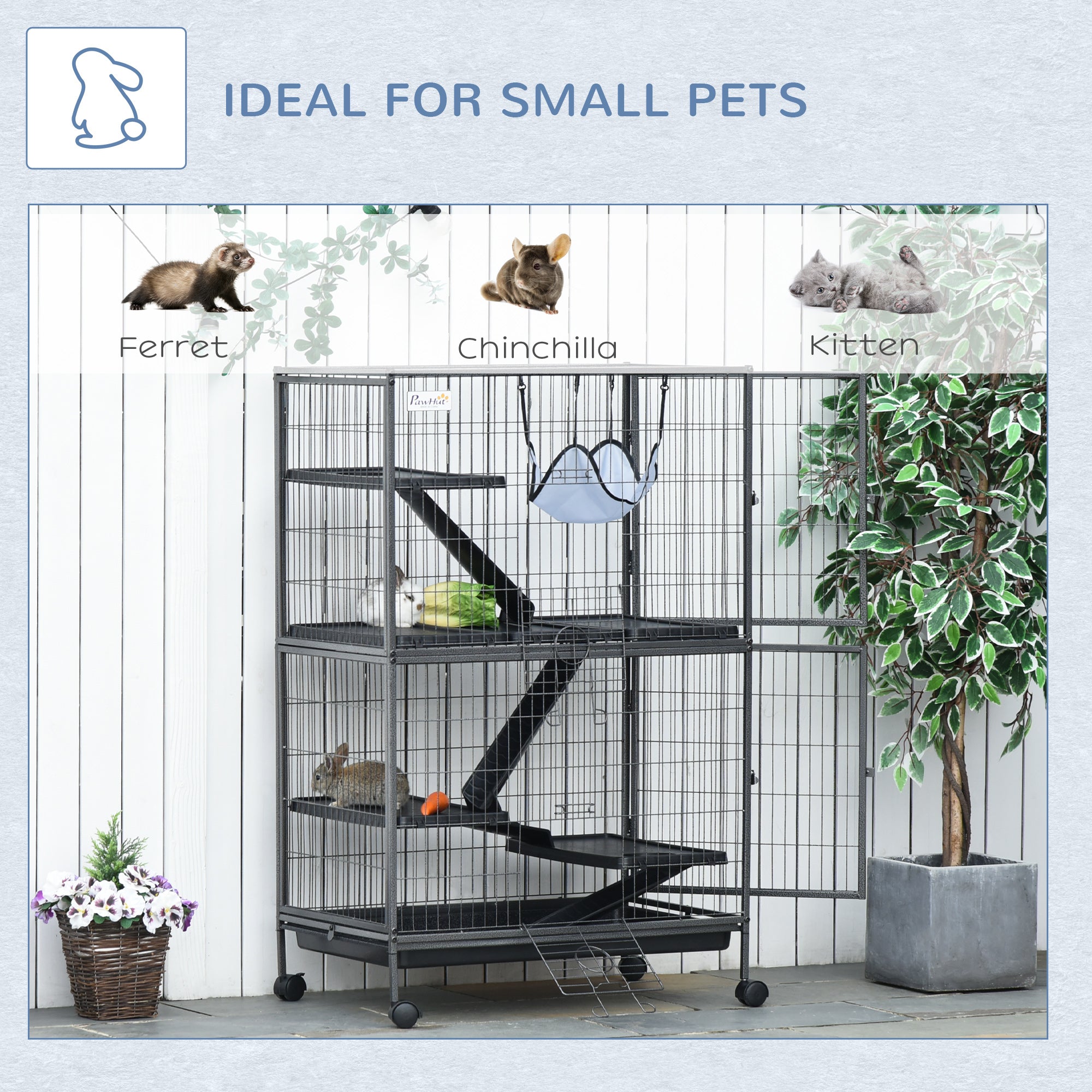 PawHut 50" 5-Tier Small Animal Cage, Ferret Cage, Large Chinchilla Cage with Hammock Accessory & Heavy-Duty Steel Wire, Small Animal Habitat with 6 Doors, Removable Tray, Silver