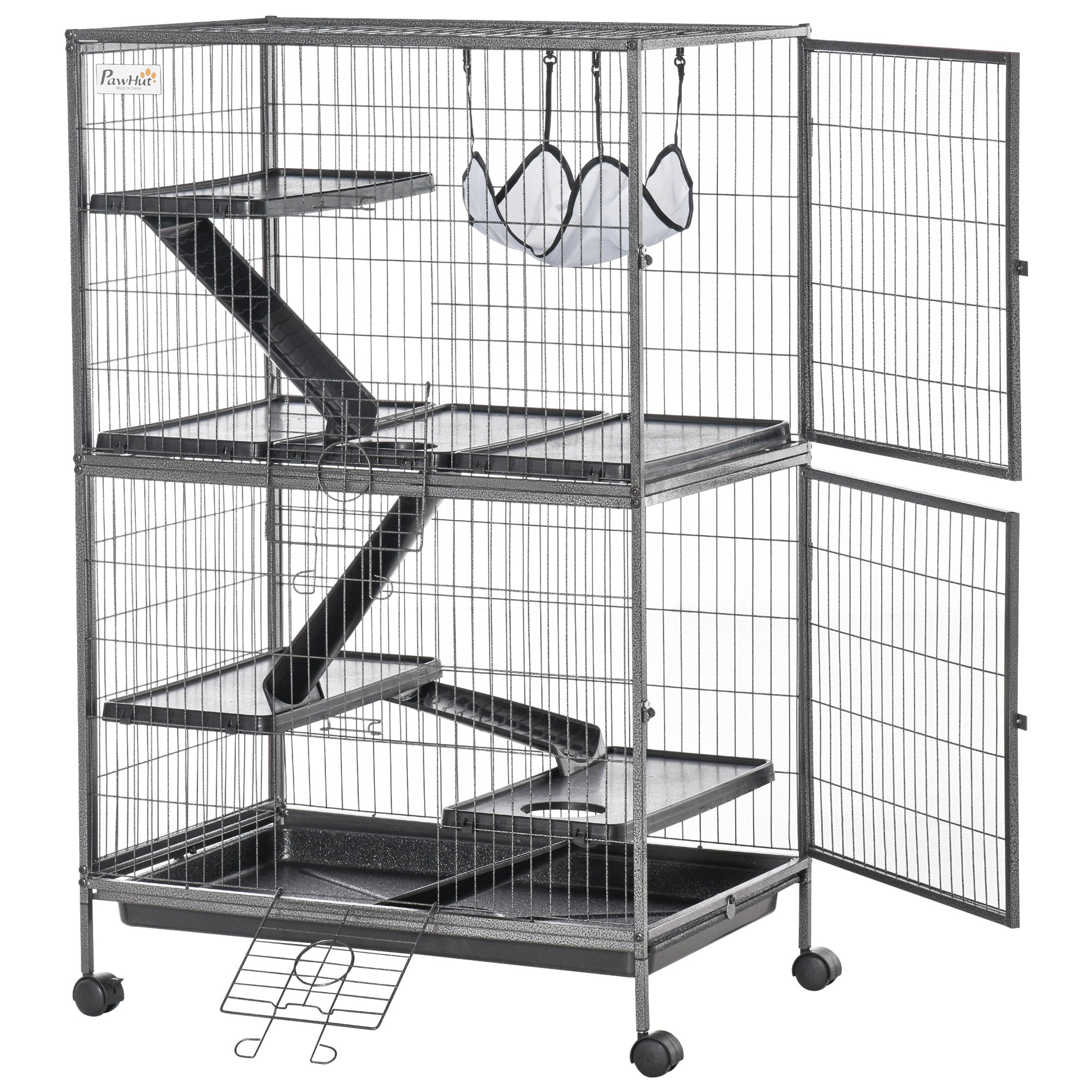 PawHut 50" 5-Tier Small Animal Cage, Ferret Cage, Large Chinchilla Cage with Hammock Accessory & Heavy-Duty Steel Wire, Small Animal Habitat with 6 Doors, Removable Tray, Silver