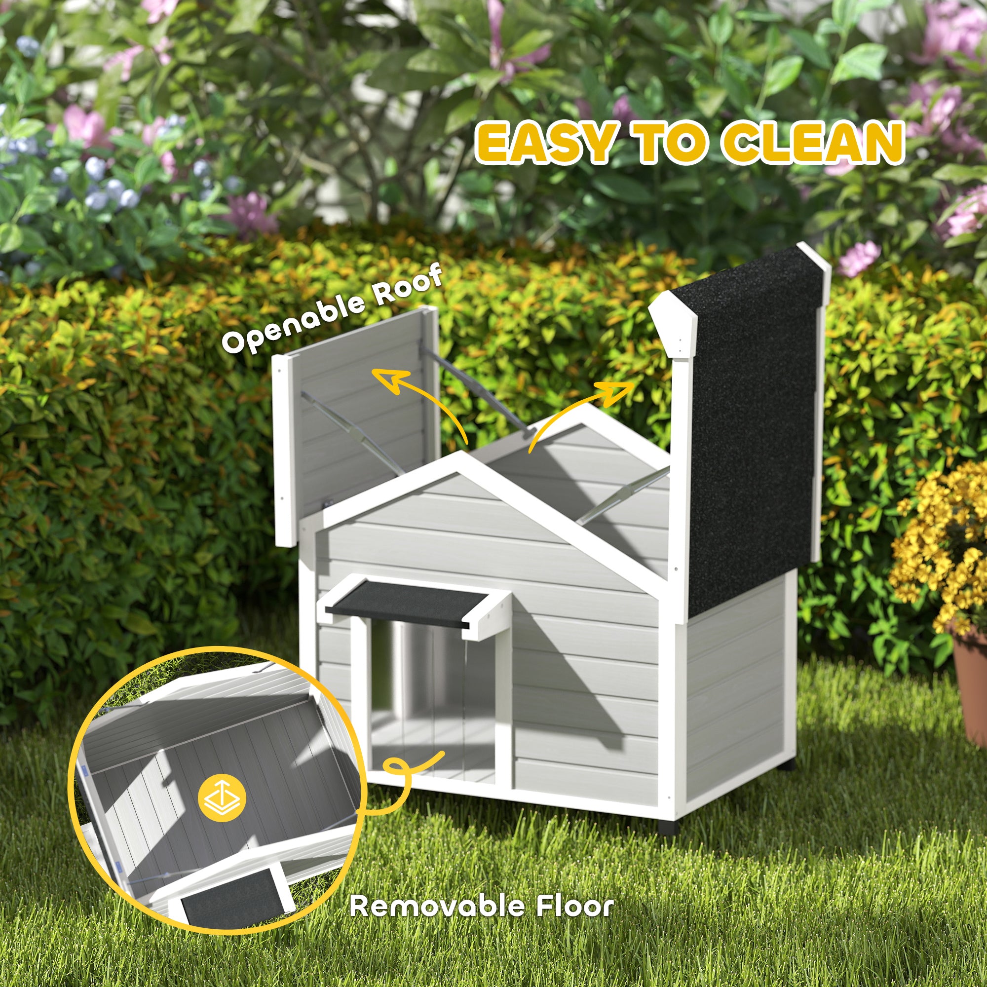 Dog House Wooden Dog Kennel Outdoor with Openable Asphalt Roof, Removable Floor, Door Curtain, Elevated Feet, for Medium Breeds, Light Grey