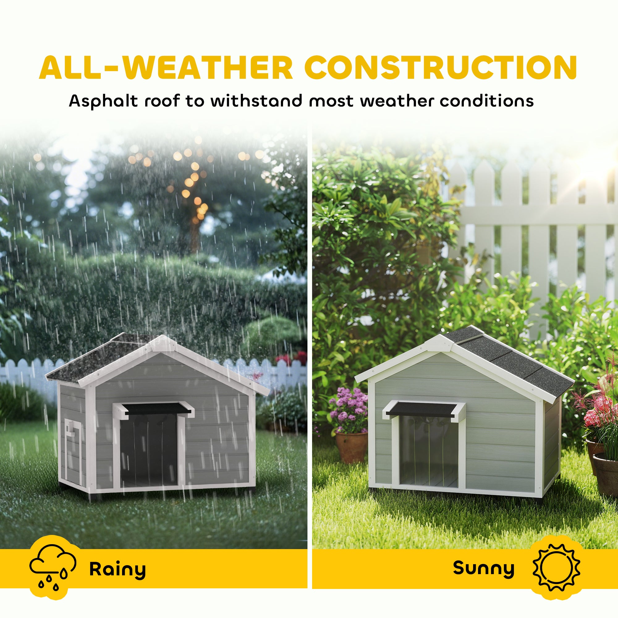 Dog House Wooden Dog Kennel Outdoor with Openable Asphalt Roof, Removable Floor, Door Curtain, Elevated Feet, for Medium Breeds, Light Grey