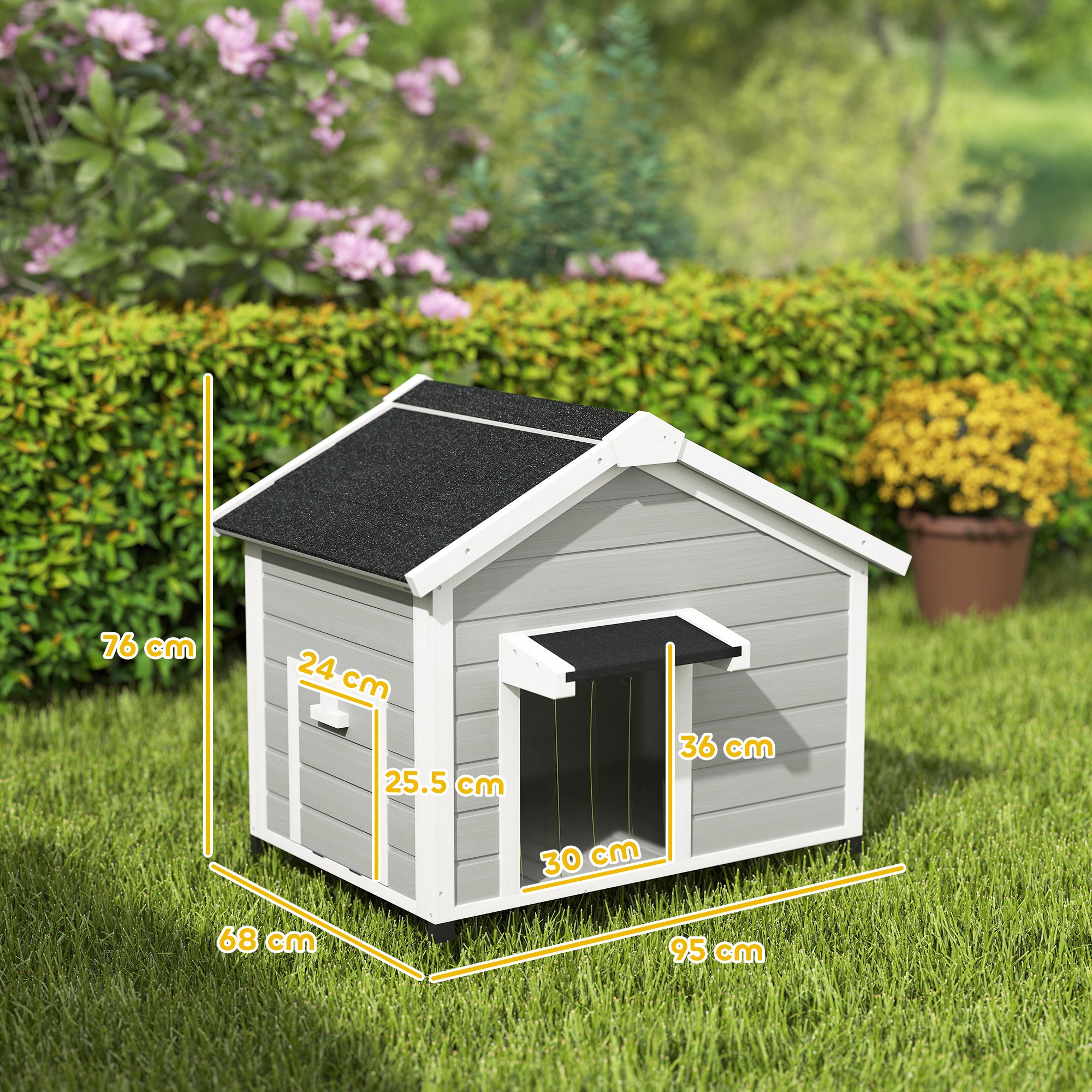 Dog House Wooden Dog Kennel Outdoor with Openable Asphalt Roof, Removable Floor, Door Curtain, Elevated Feet, for Medium Breeds, Light Grey