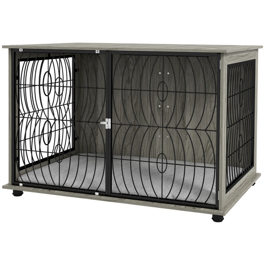 Dog Crate Furniture, Dog Cage End Table with Large Top, Soft Washable Cushion, Lockable Front Door, Wire Mesh Ventilation, Indoor Pet Crate for Extra Large Sized, 118 x 75 x 82cm - Grey