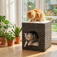 Load image into Gallery viewer, 2-Tier Wicker Cat House, Handwoven Rattan Cat Bed with Washable Cushions, Indoor Kitten Condo Hideaway, 43 x 40 x 49 cm, Grey
