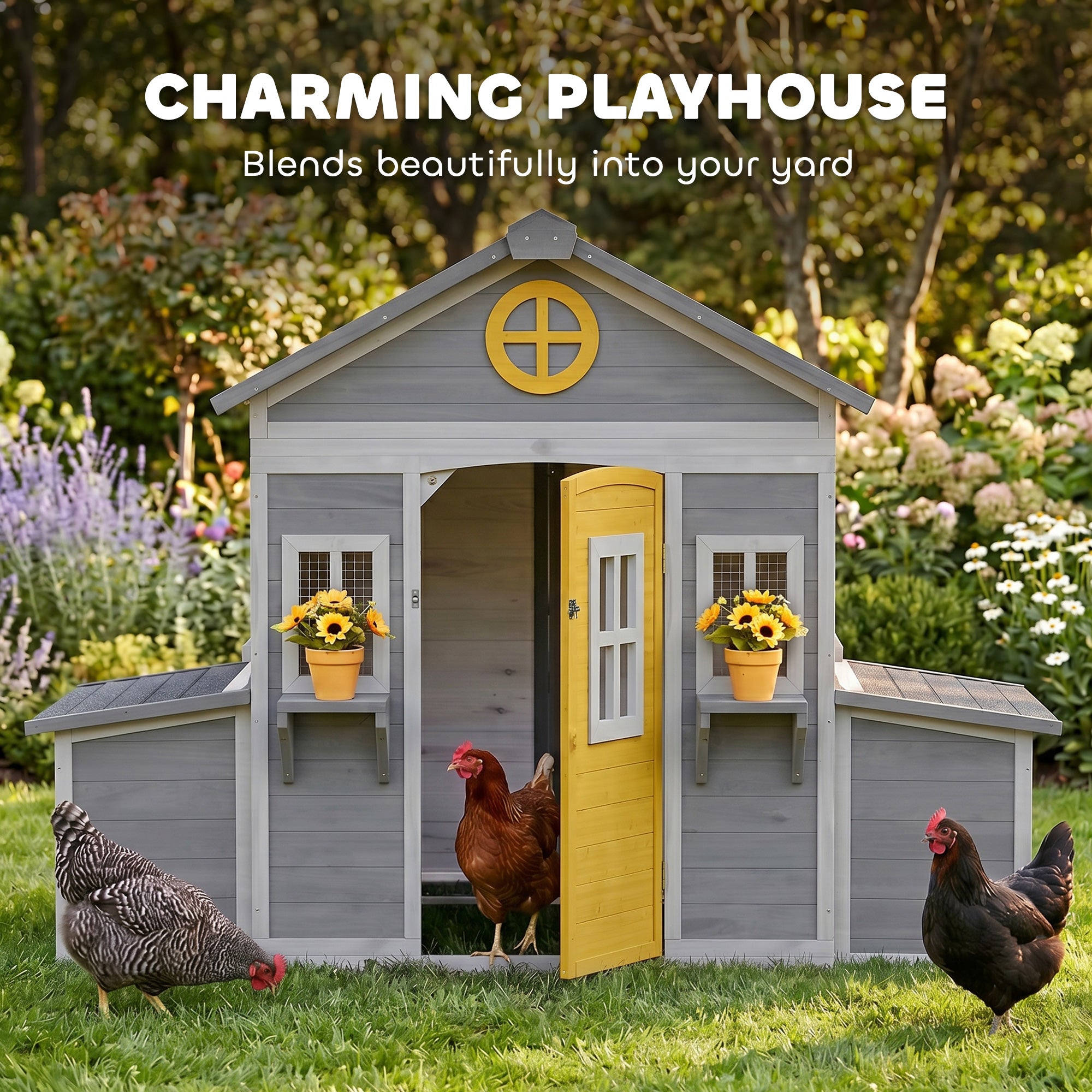 Wooden Chicken Coop, Hen House for 2-4 Hens, Outdoor Playhouse Poultry Cage with 2 Nesting Boxes, Waterproof Roof, Windows, Chicken Hutch for Farm Backyard, 72" x 50" x 54", Gray