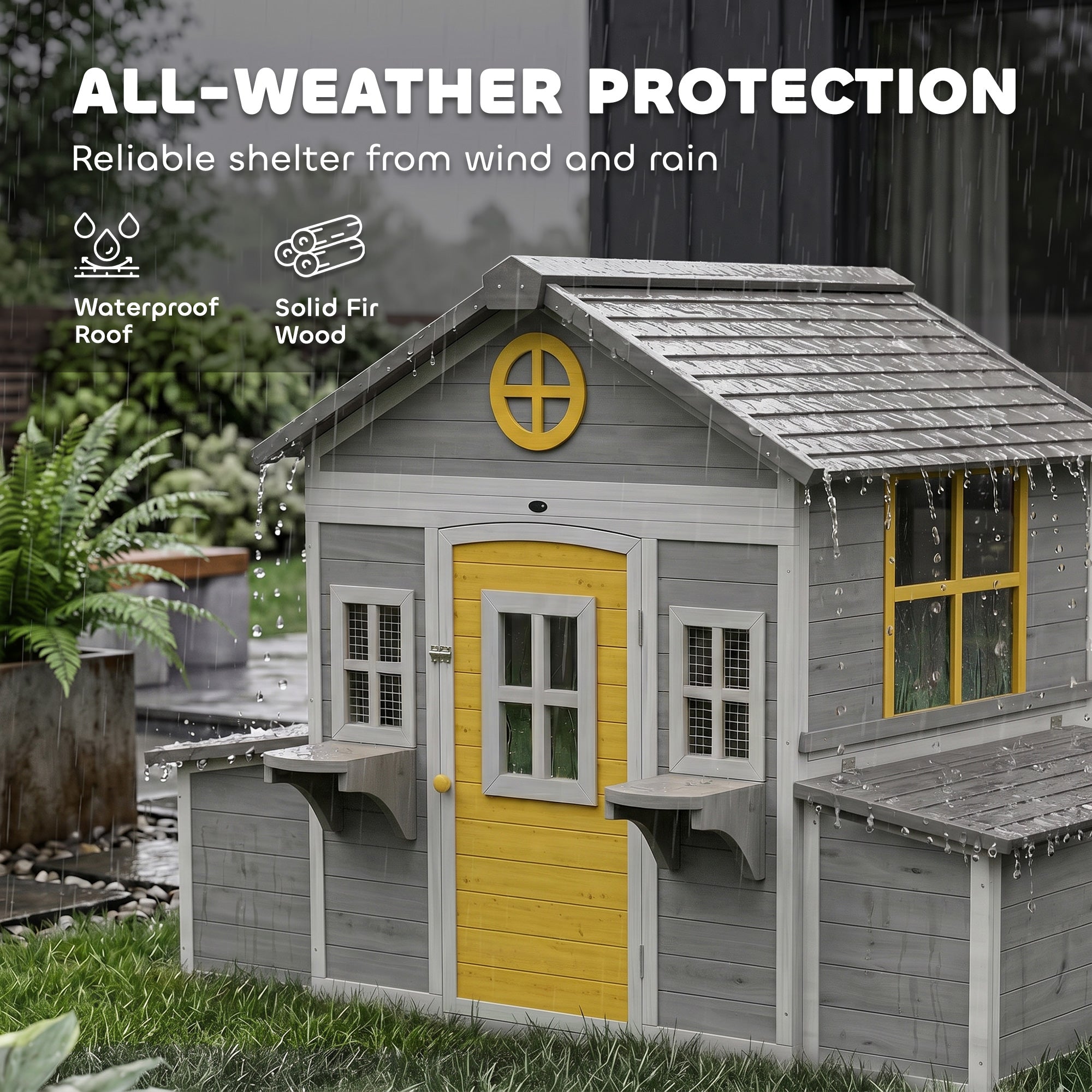 Wooden Chicken Coop, Hen House for 2-4 Hens, Outdoor Playhouse Poultry Cage with 2 Nesting Boxes, Waterproof Roof, Windows, Chicken Hutch for Farm Backyard, 72" x 50" x 54", Gray
