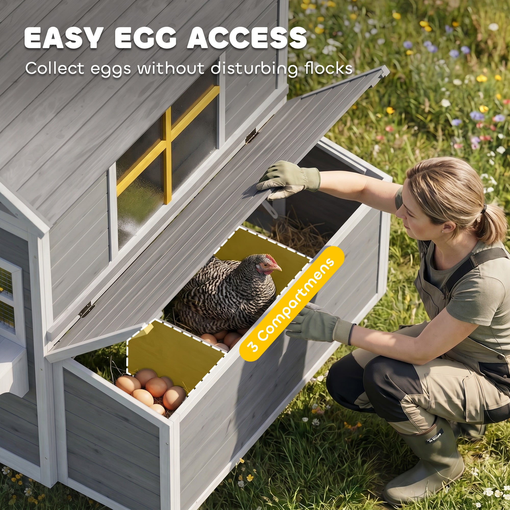 Wooden Chicken Coop, Hen House for 2-4 Hens, Outdoor Playhouse Poultry Cage with 2 Nesting Boxes, Waterproof Roof, Windows, Chicken Hutch for Farm Backyard, 72" x 50" x 54", Gray