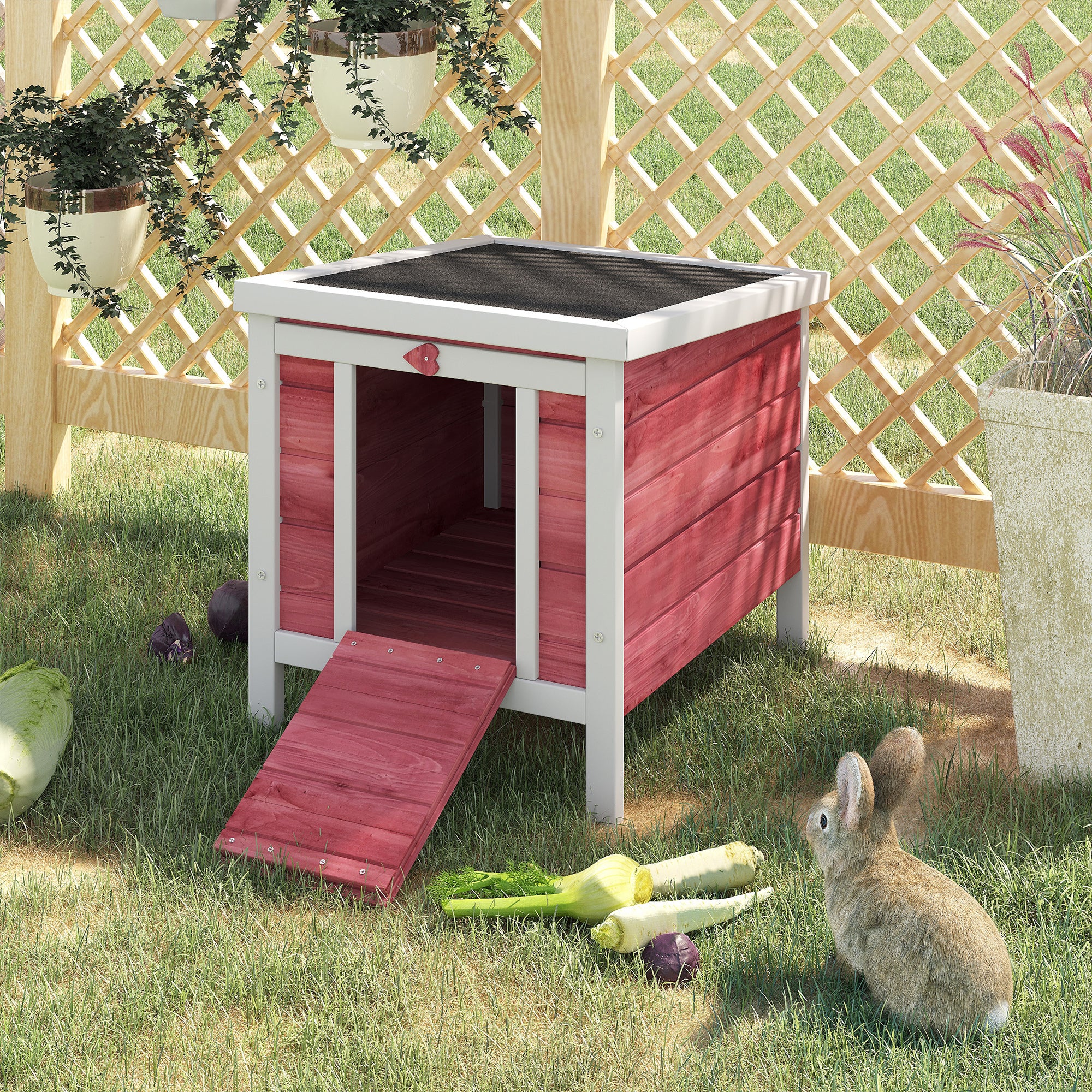 Wooden Rabbit Hutch Bunny Cage Outdoor Cat House Guinea Pig Cage Duck Shelter, Indoor Outdoor Use, 20"x16.5"x17", Red