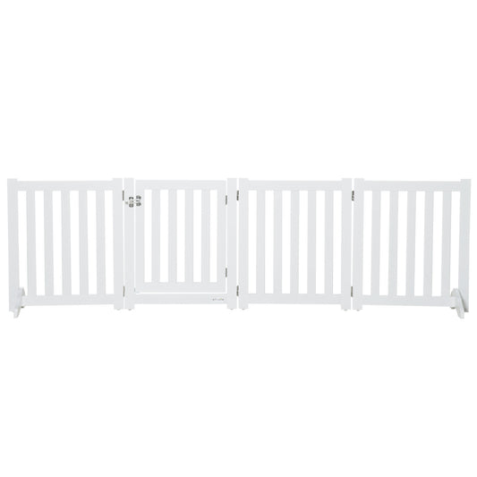 23.5"H Foldable Dog Gate with Door, 4 Panels Freestanding Pet Gate Barriers Indoor with Support Feet, Puppy Fence for Small Dogs, White