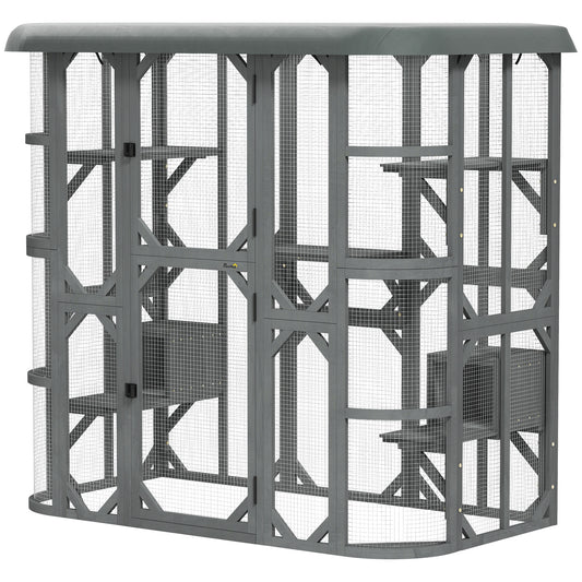 Catio Outdoor Cat Enclosure, 71"H Wooden Cat House with 5 Jumping Platforms, 2 Condos and Waterproof Cover, Walk-in Kitty Cage for 2–3 Kittens, Grey