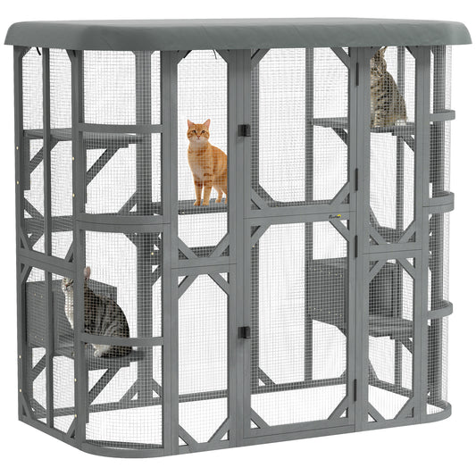 Catio Outdoor Cat Enclosure, 71"H Wooden Cat House with 5 Jumping Platforms, 2 Condos and Waterproof Cover, Walk-in Kitty Cage for 2–3 Kittens, Grey