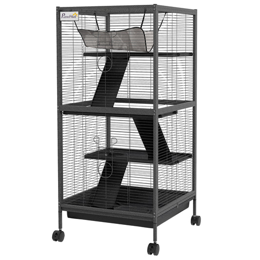 4-Tier Rolling Small Animal Cage, Deluxe Guinea Pig Cage, Ferret Cage for Mink Chinchilla Kitten Rabbit, Small Pet Play House with Hammock Platform, Ramp, Removable Tray, Charcoal Grey