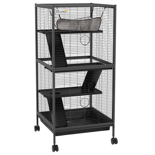 4-Tier Rolling Small Animal Cage, Deluxe Guinea Pig Cage, Ferret Cage for Mink Chinchilla Kitten Rabbit, Small Pet Play House with Hammock Platform, Ramp, Removable Tray, Charcoal Grey