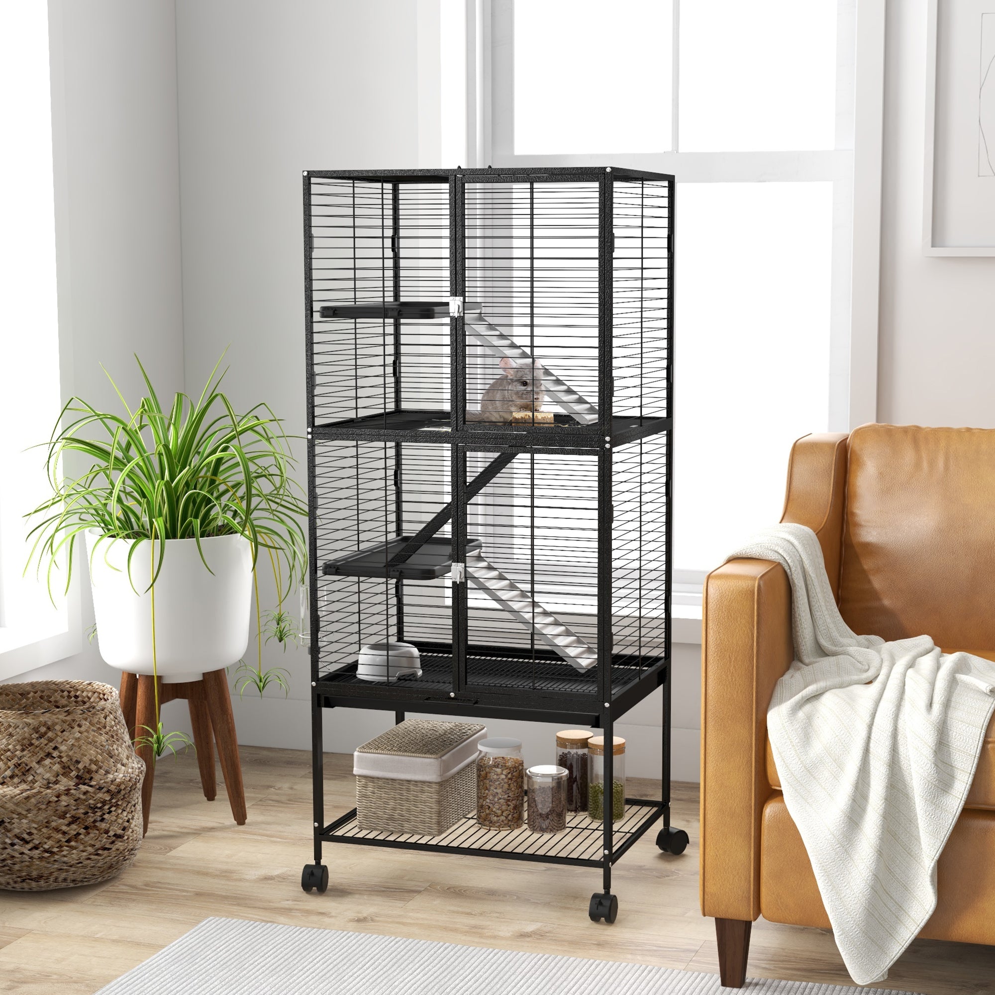 Small Animal Cage with Wheels, Pet Playpen for Rat, Kitten, Ferrets, Chinchillas with Bottom Storage Shelf, Removable Tray, Ramp, 24.2" x 17.9" x 53.5", Black