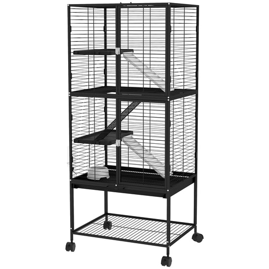 Small Animal Cage with Wheels, Pet Playpen for Rat, Kitten, Ferrets, Chinchillas with Bottom Storage Shelf, Removable Tray, Ramp, 24.2" x 17.9" x 53.5", Black