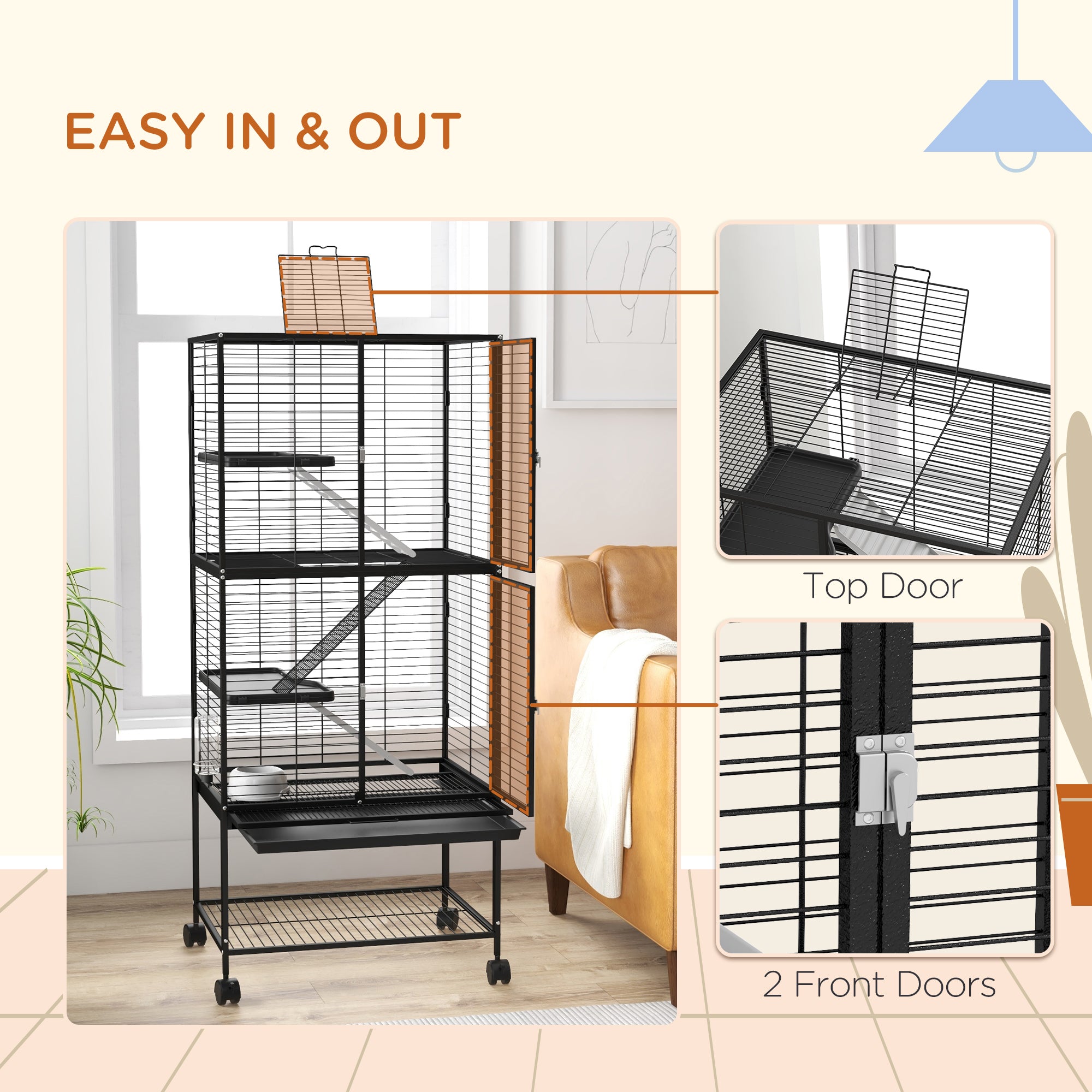 Small Animal Cage with Wheels, Pet Playpen for Rat, Kitten, Ferrets, Chinchillas with Bottom Storage Shelf, Removable Tray, Ramp, 24.2" x 17.9" x 53.5", Black
