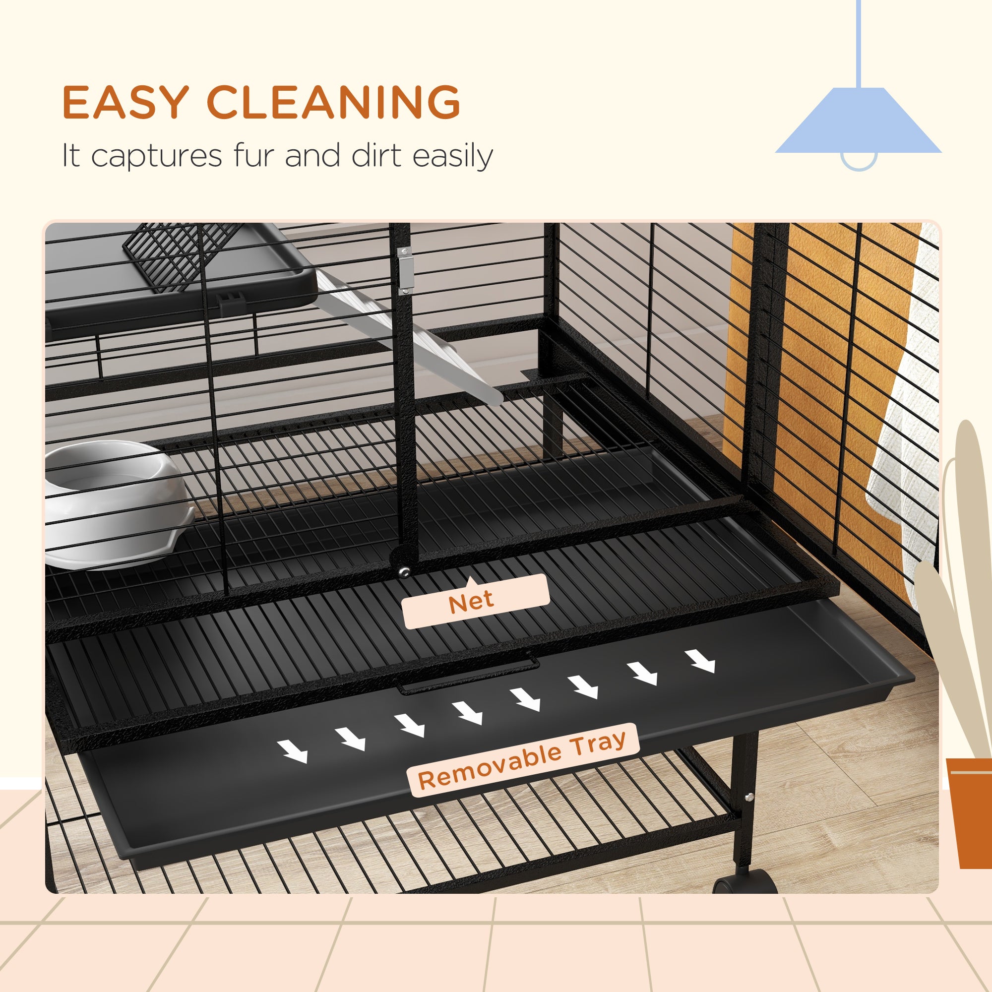 Small Animal Cage with Wheels, Pet Playpen for Rat, Kitten, Ferrets, Chinchillas with Bottom Storage Shelf, Removable Tray, Ramp, 24.2" x 17.9" x 53.5", Black