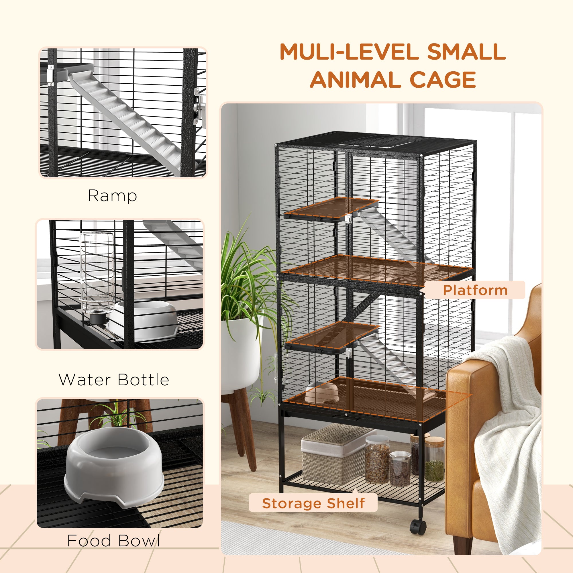 Small Animal Cage with Wheels, Pet Playpen for Rat, Kitten, Ferrets, Chinchillas with Bottom Storage Shelf, Removable Tray, Ramp, 24.2" x 17.9" x 53.5", Black