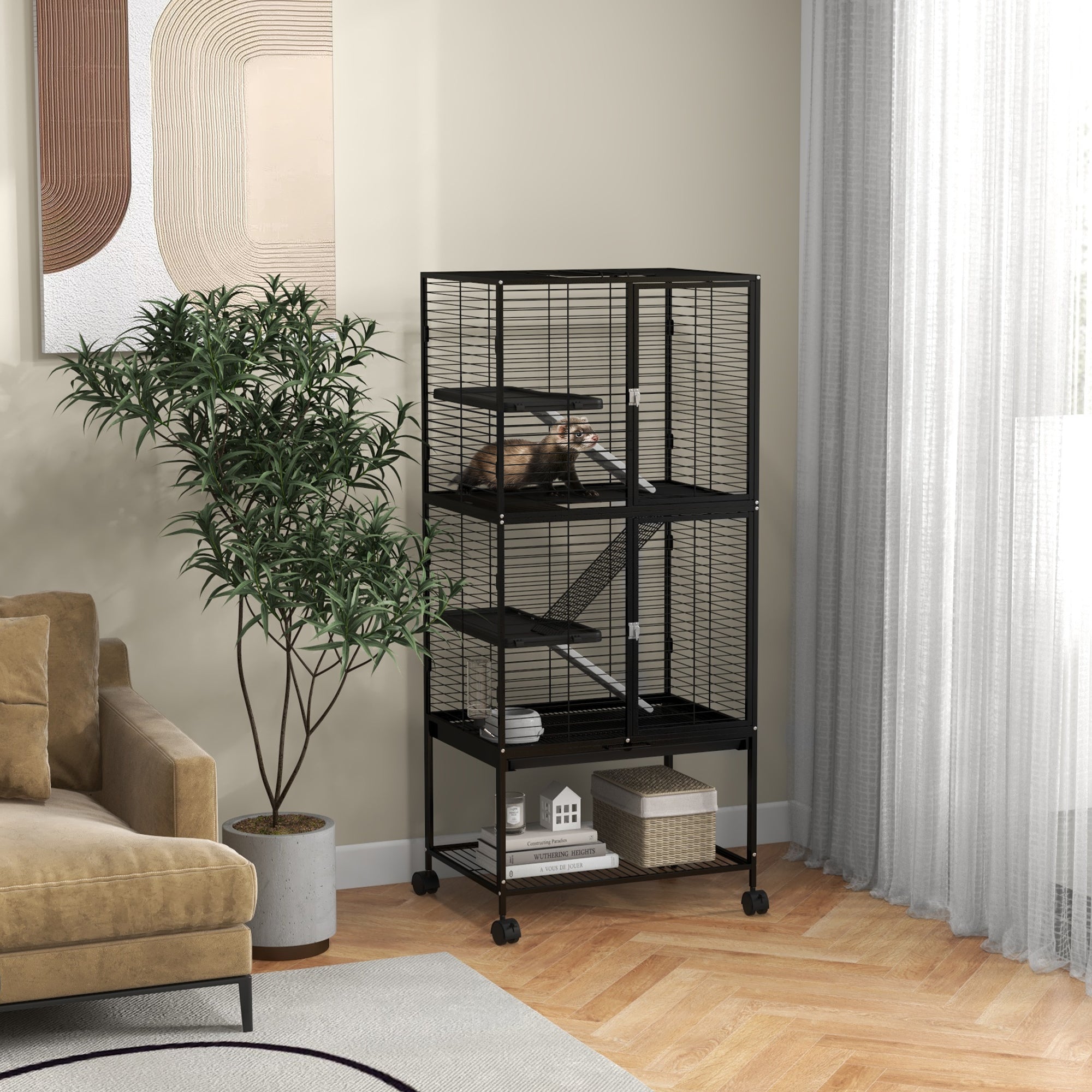 Small Animal Cage with Wheels, Pet Playpen for Rat, Kitten, Ferrets, Chinchillas with Bottom Storage Shelf, Removable Tray, Ramp, 24.2" x 17.9" x 53.5", Black