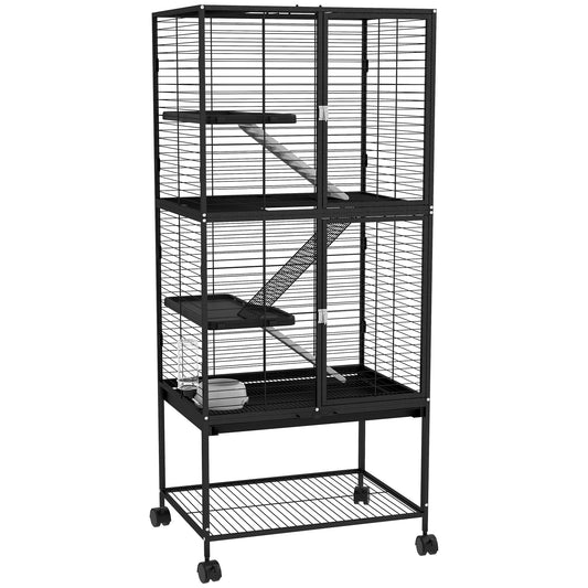 Small Animal Cage with Wheels, Pet Playpen for Rat, Kitten, Ferrets, Chinchillas with Bottom Storage Shelf, Removable Tray, Ramp, 24.2" x 17.9" x 53.5", Black