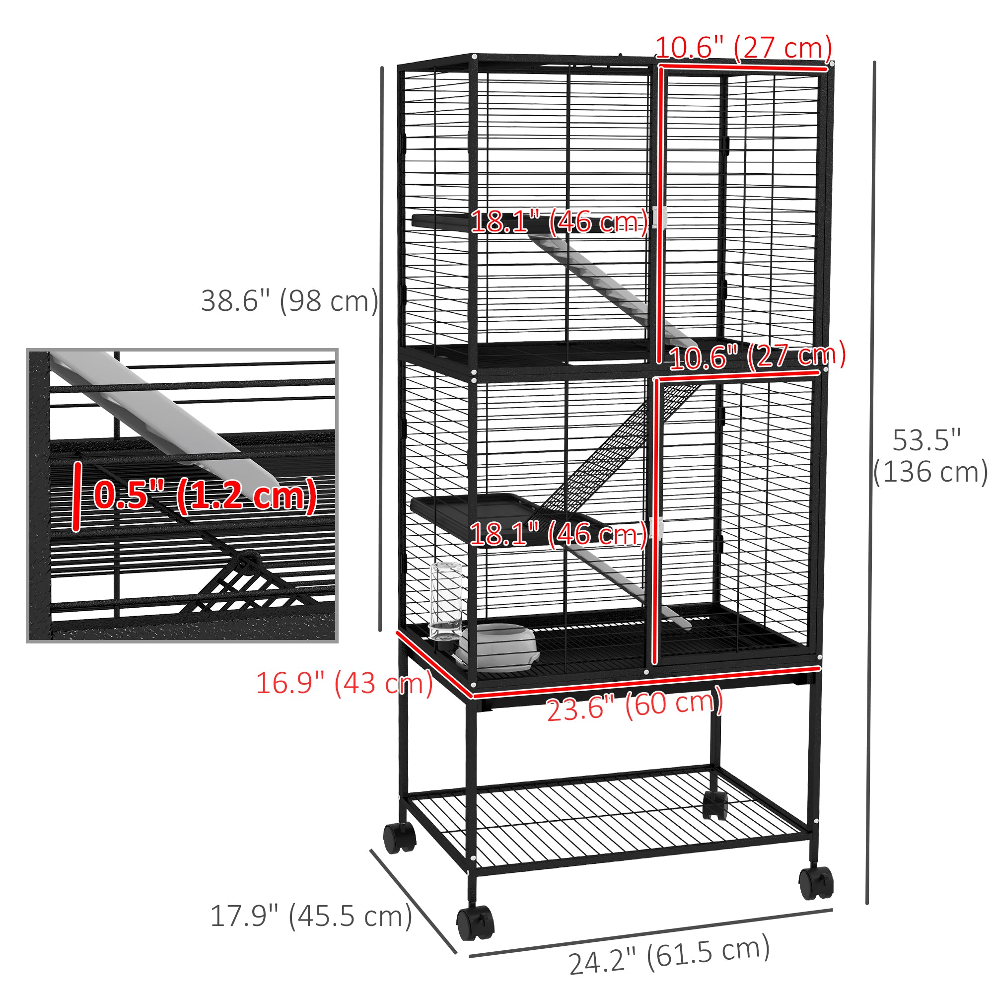 Small Animal Cage with Wheels, Pet Playpen for Rat, Kitten, Ferrets, Chinchillas with Bottom Storage Shelf, Removable Tray, Ramp, 24.2" x 17.9" x 53.5", Black