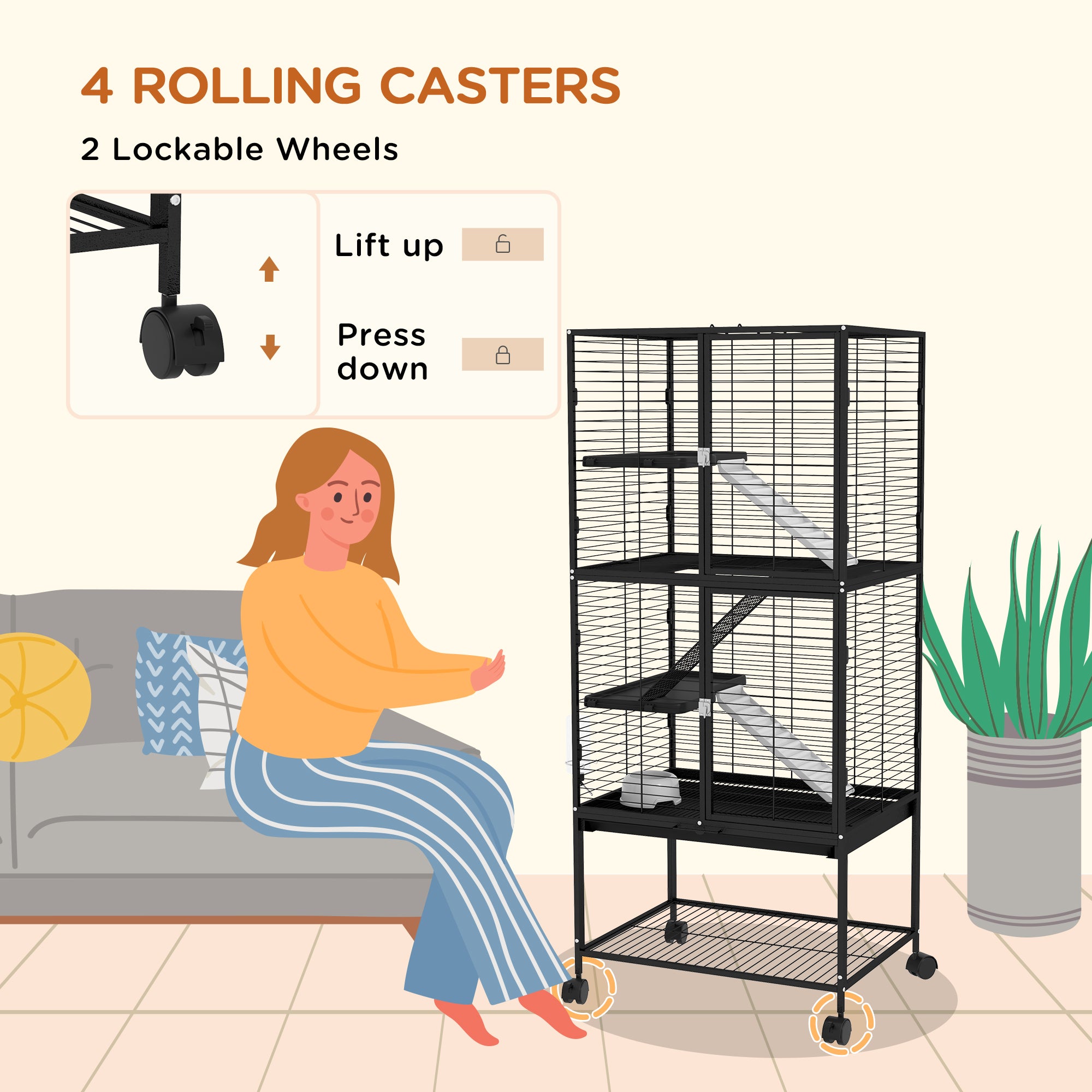 Small Animal Cage with Wheels, Pet Playpen for Rat, Kitten, Ferrets, Chinchillas with Bottom Storage Shelf, Removable Tray, Ramp, 24.2" x 17.9" x 53.5", Black