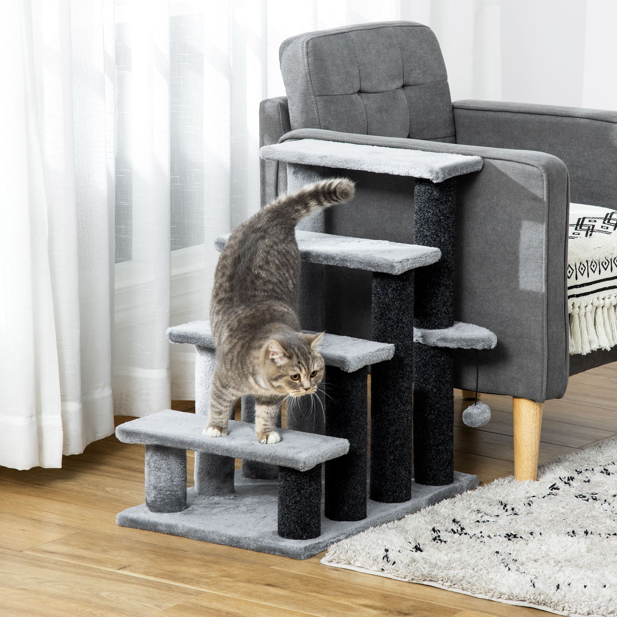 Cat Stairs 4 Steps for Bed, Couch with Scratching Posts, Small Cat Tree for Indoor Cats with Toy Ball, 23.5" x 16" x 25", Light Grey