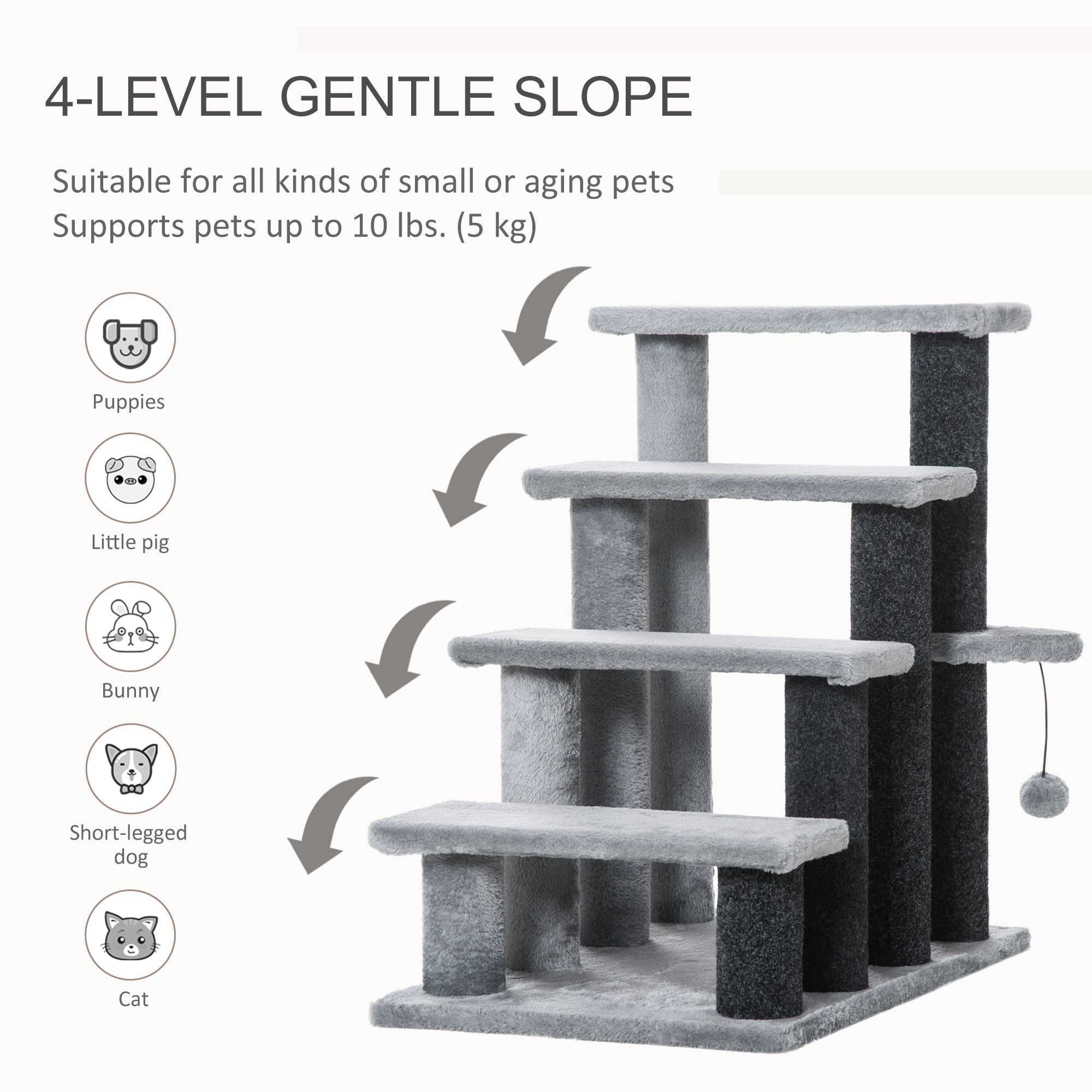 Cat Stairs 4 Steps for Bed, Couch with Scratching Posts, Small Cat Tree for Indoor Cats with Toy Ball, 23.5" x 16" x 25", Light Grey