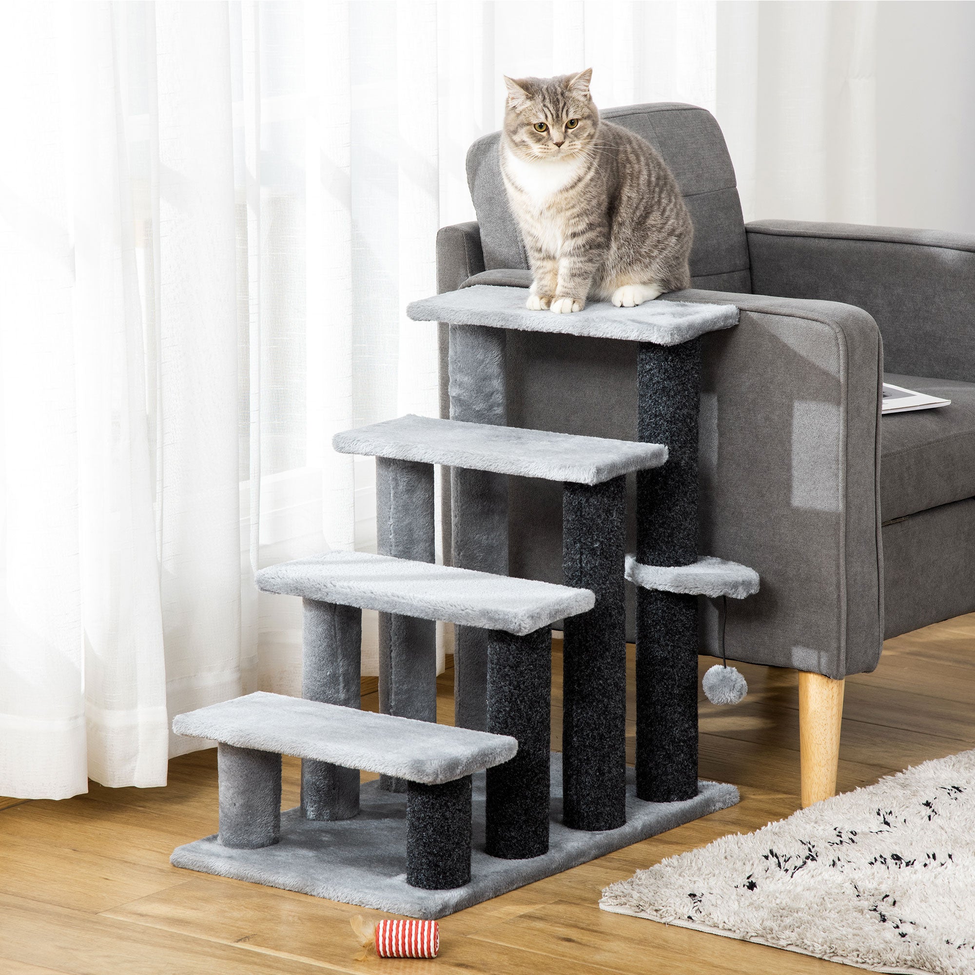 Cat Stairs 4 Steps for Bed, Couch with Scratching Posts, Small Cat Tree for Indoor Cats with Toy Ball, 23.5" x 16" x 25", Light Grey