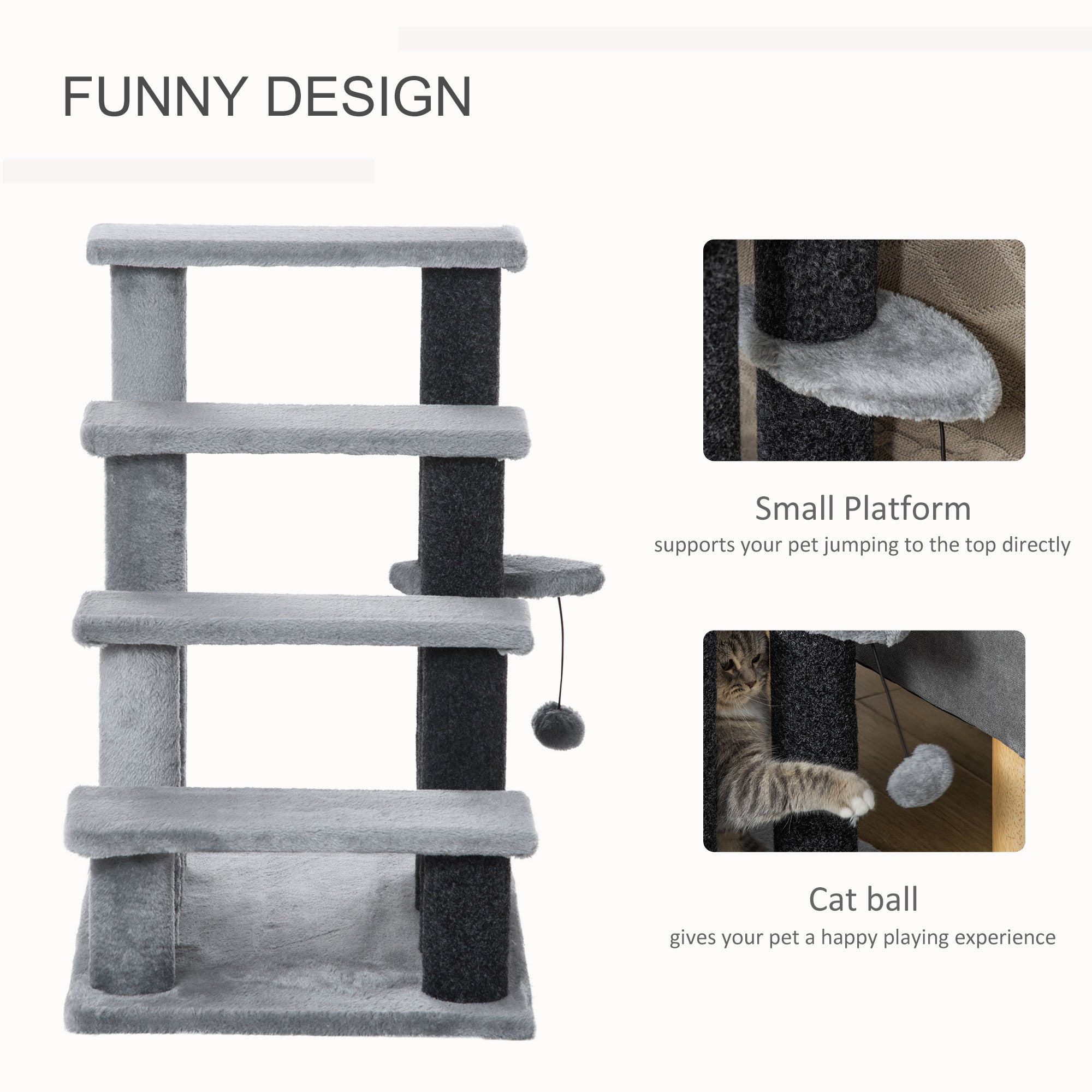 Cat Stairs 4 Steps for Bed, Couch with Scratching Posts, Small Cat Tree for Indoor Cats with Toy Ball, 23.5" x 16" x 25", Light Grey