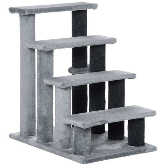 Cat Stairs 4 Steps for Bed, Couch with Scratching Posts, Small Cat Tree for Indoor Cats with Toy Ball, 23.5" x 16" x 25", Light Grey