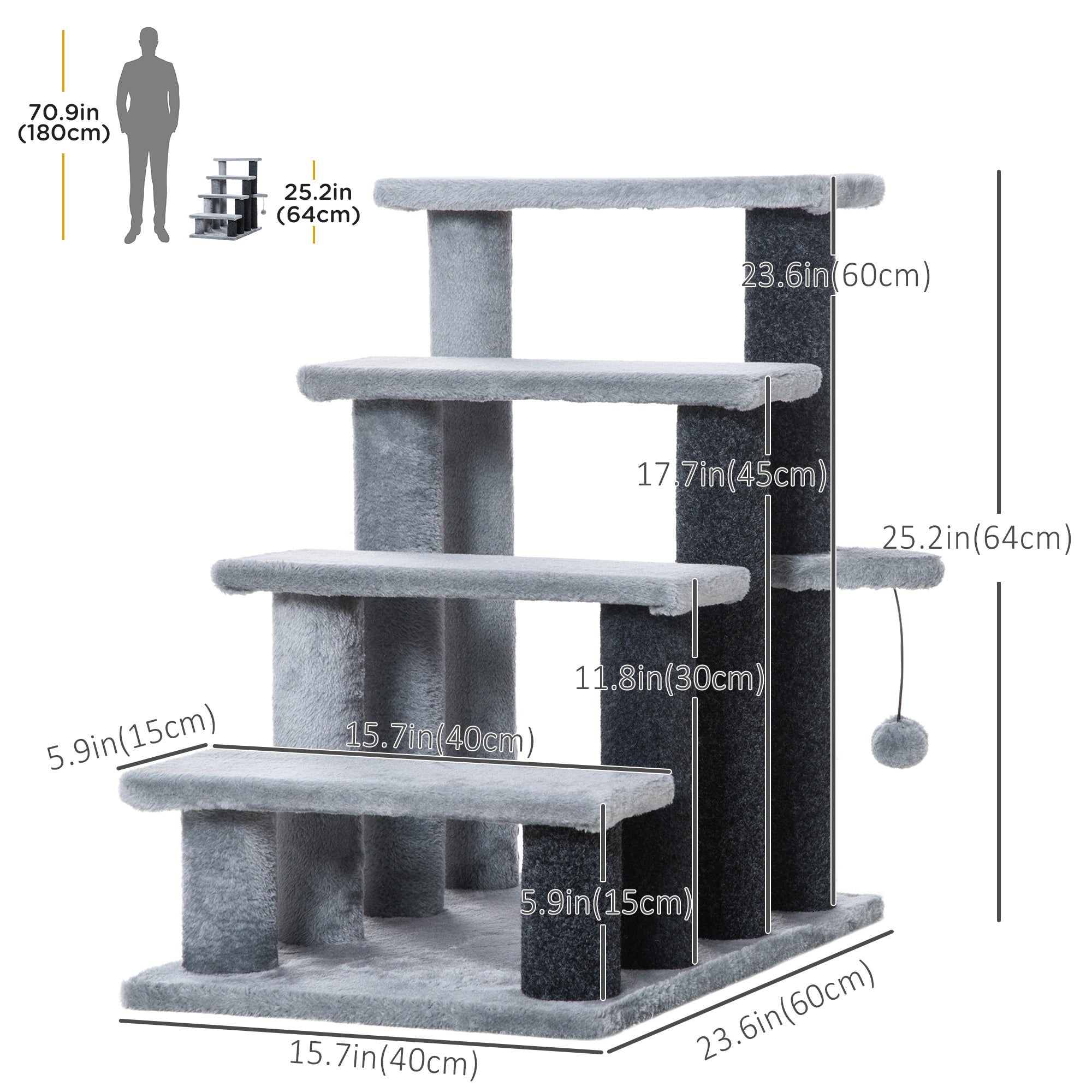 Cat Stairs 4 Steps for Bed, Couch with Scratching Posts, Small Cat Tree for Indoor Cats with Toy Ball, 23.5" x 16" x 25", Light Grey