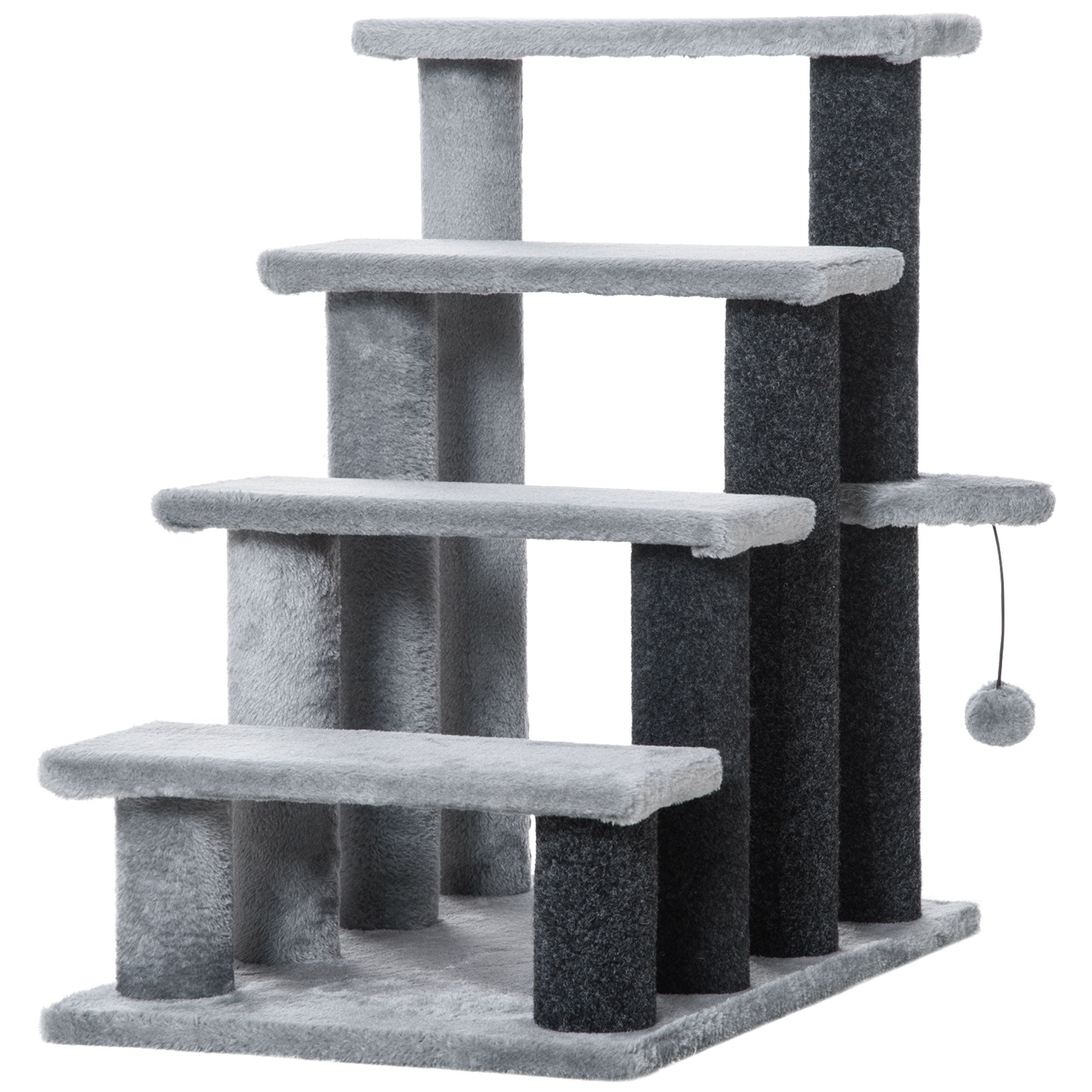 Cat Stairs 4 Steps for Bed, Couch with Scratching Posts, Small Cat Tree for Indoor Cats with Toy Ball, 23.5" x 16" x 25", Light Grey