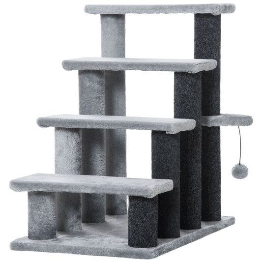 Cat Stairs 4 Steps for Bed, Couch with Scratching Posts, Small Cat Tree for Indoor Cats with Toy Ball, 23.5" x 16" x 25", Light Grey