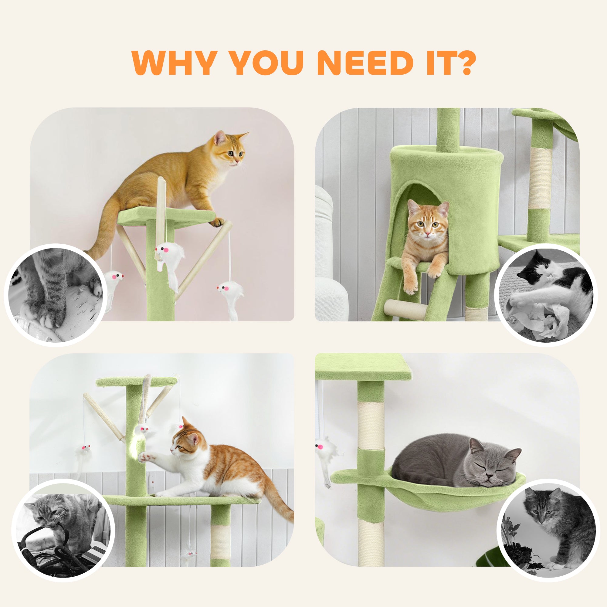 Cat Tree, 53" Cat Tower for Indoor Kittens with Sisal Scratching Posts, Plush Perches, Condo, Hammock, Ladder, Dangling Toys, Multi-Level Kitty Activity Centre, Green