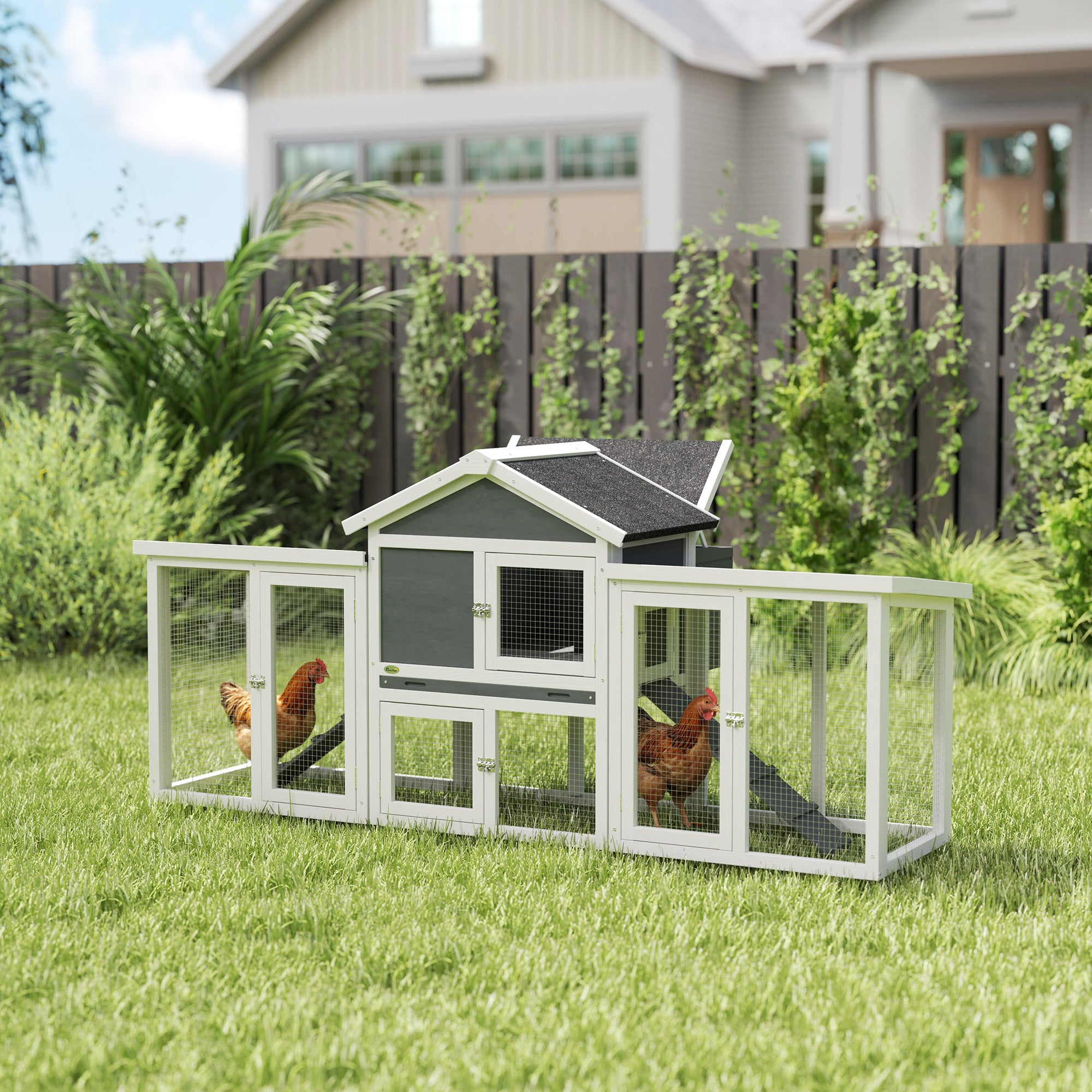 Large Chicken Coop with Run Garden Hen House Poultry Coops Cages with Nesting Box Wooden 204 x 85 x 93cm, Grey