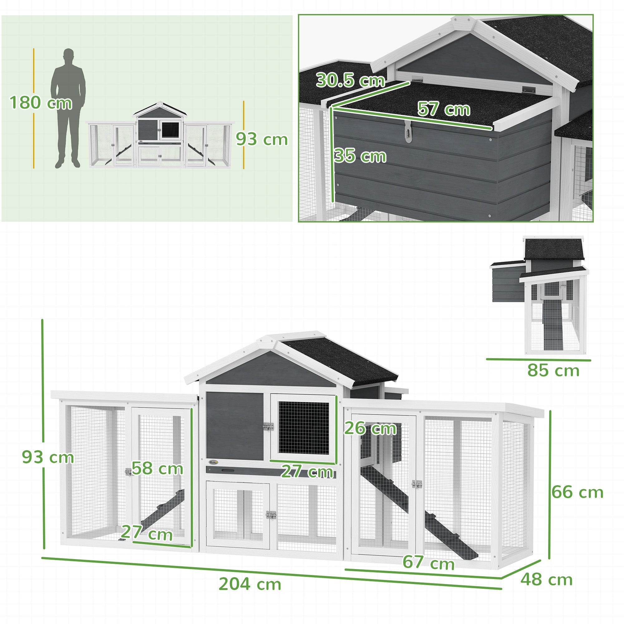 Large Chicken Coop with Run Garden Hen House Poultry Coops Cages with Nesting Box Wooden 204 x 85 x 93cm, Grey