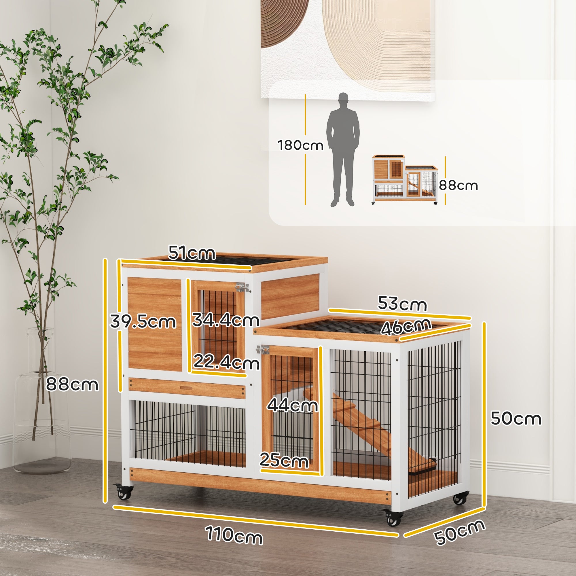 Wooden Indoor Rabbit Hutch, Guinea Pig House, Bunny Small Animal Cage With Wheels, Enclosed Run 110 x 50 x 86 cm, Yellow