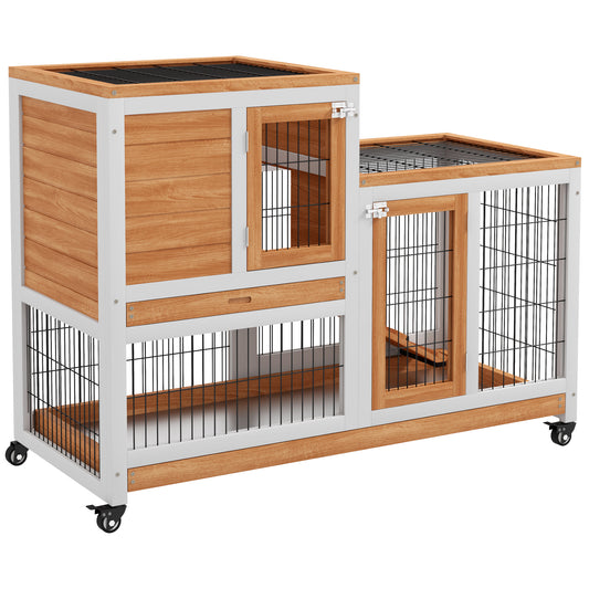 Wooden Indoor Rabbit Hutch, Guinea Pig House, Bunny Small Animal Cage With Wheels, Enclosed Run 110 x 50 x 86 cm, Yellow