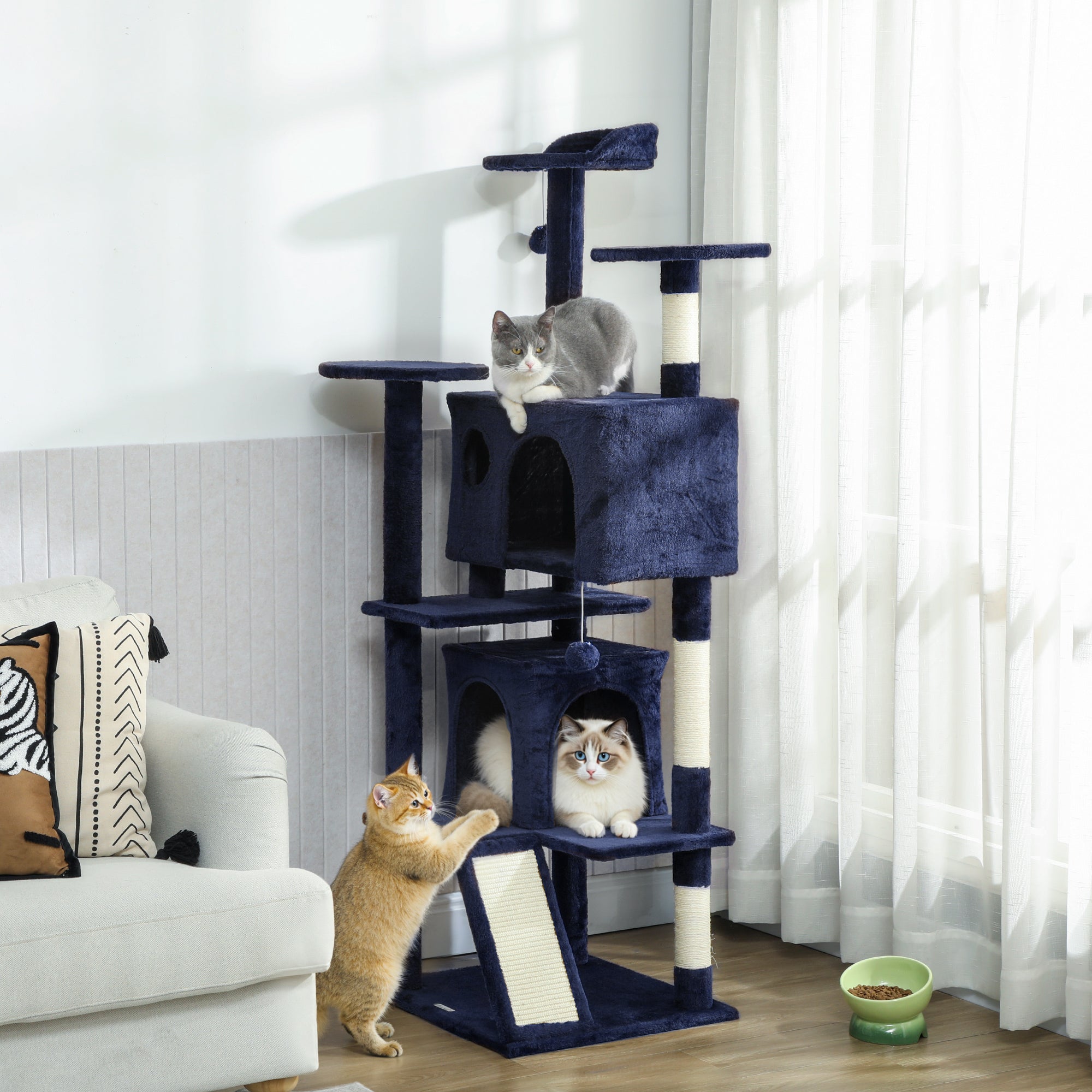 63" Cat Tree, Cat Tower for Indoor Cats with Scratching Posts, Cat Condos, Bed, Platforms, Ramp, Toy Ball, Cat Activity Center, Dark Blue