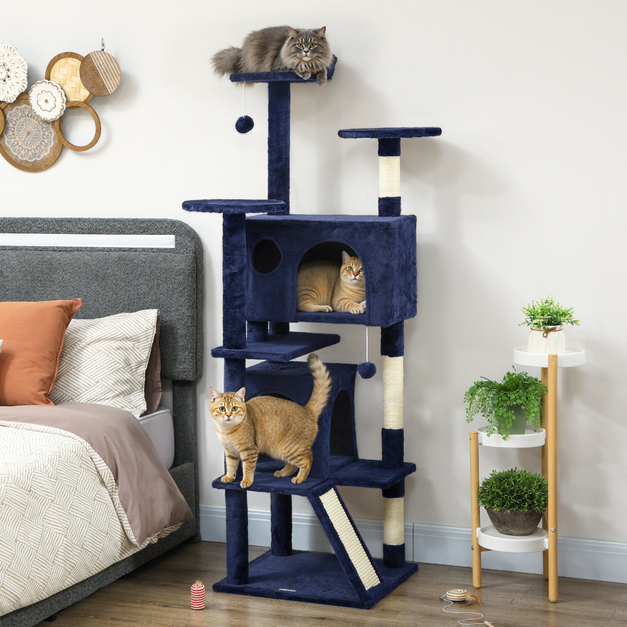 63" Cat Tree, Cat Tower for Indoor Cats with Scratching Posts, Cat Condos, Bed, Platforms, Ramp, Toy Ball, Cat Activity Center, Dark Blue