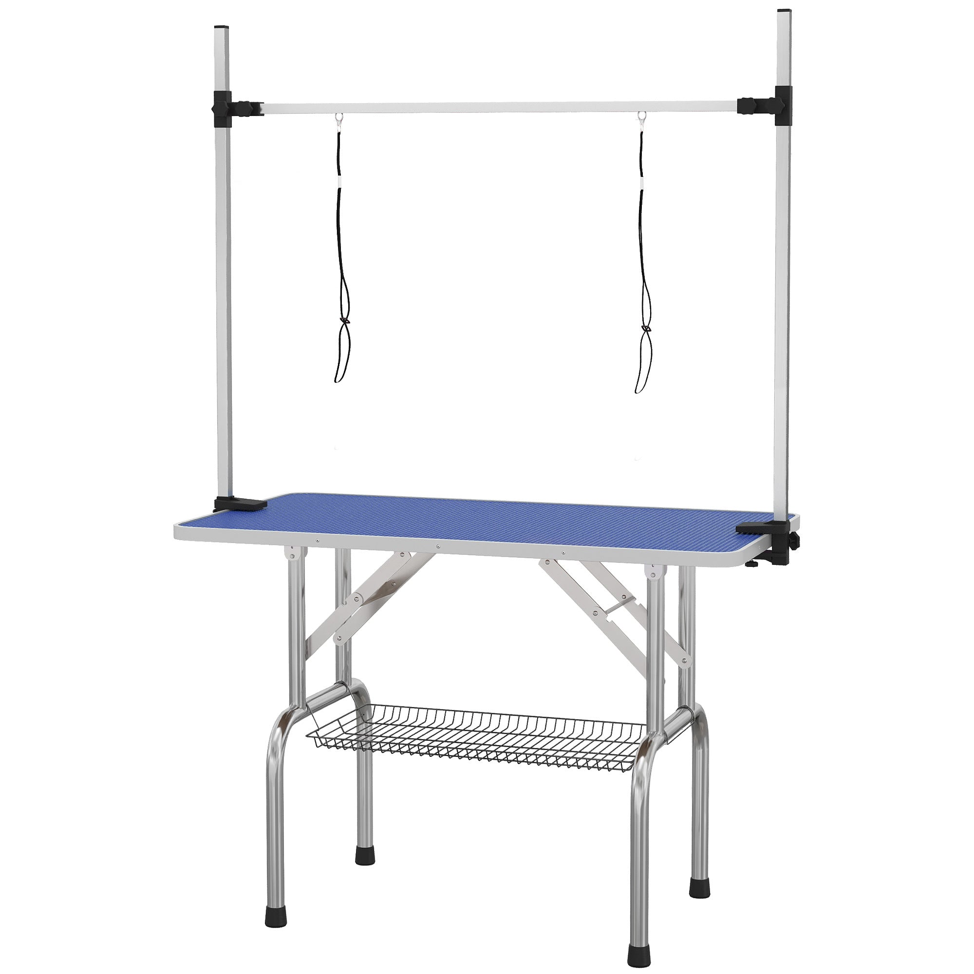 42" Foldable Dog Grooming Table Adjustable Pet Cat Drying Beauty Table Rubber Top with 2 Loops Storage Basket Metal Blue