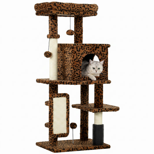 Cat Tree for Large Cat Adults, 41 Inch Cat Tower for Indoor Cats w/ Scratching Posts, Cat Bed, Condo, Jumping Platforms, Toy Balls, Leopard Print