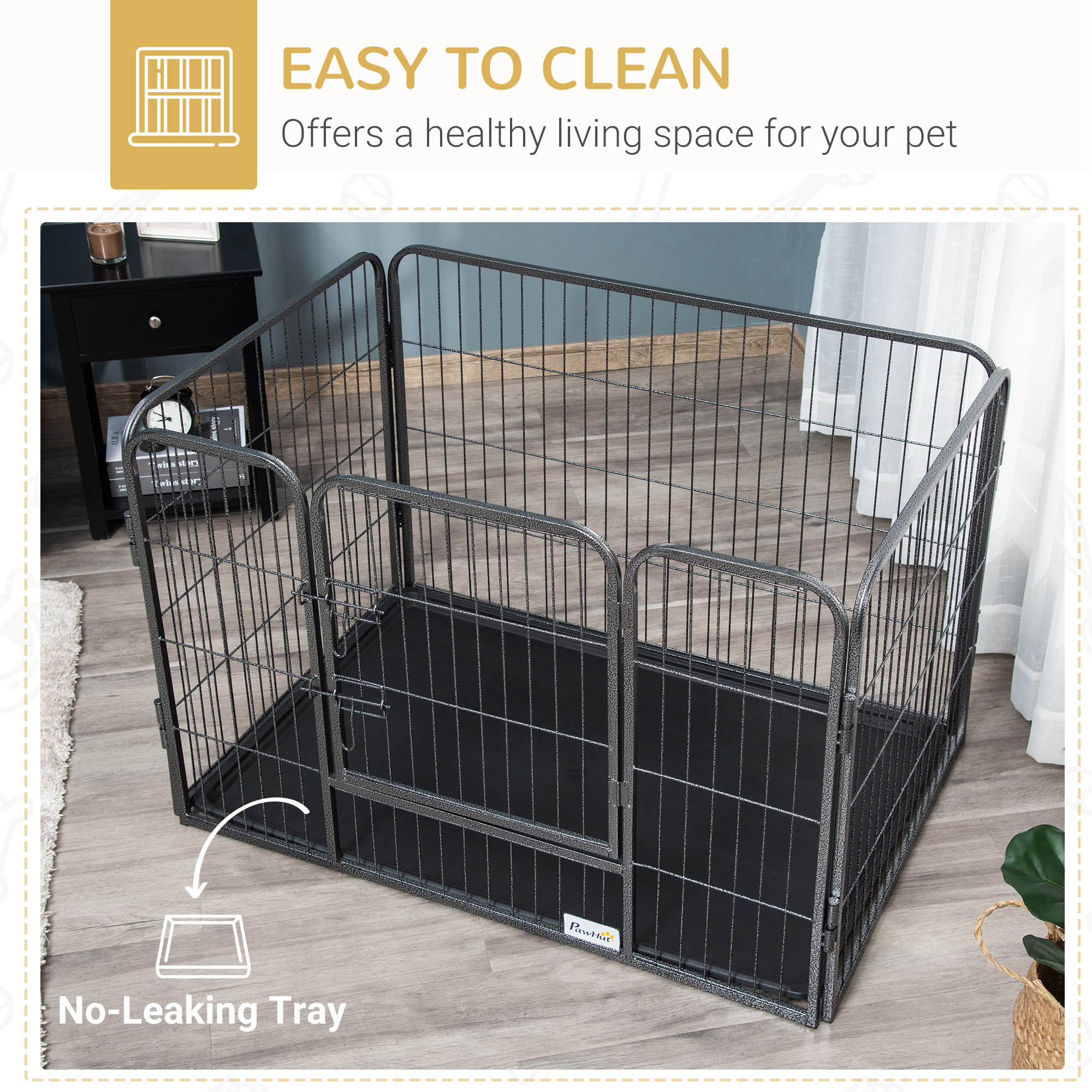 4 Panels Dog Playpen, Heavy Duty Dog Fence, 28" H Portable Pet Playpen with Door Double Locking Latches, No Leaking Tray for Indoor Outdoor Backyard Garden, Grey
