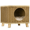 Load image into Gallery viewer, Wicker Cat House, Elevated Design Rattan Cat Bed Basket with Washable Soft Cushion, Door Hole, for Indoor Cats Kittens, Light Brown
