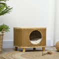 Load image into Gallery viewer, Wicker Cat House, Elevated Design Rattan Cat Bed Basket with Washable Soft Cushion, Door Hole, for Indoor Cats Kittens, Light Brown
