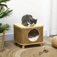Load image into Gallery viewer, Wicker Cat House, Elevated Design Rattan Cat Bed Basket with Washable Soft Cushion, Door Hole, for Indoor Cats Kittens, Light Brown

