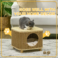 Load image into Gallery viewer, Wicker Cat House, Elevated Design Rattan Cat Bed Basket with Washable Soft Cushion, Door Hole, for Indoor Cats Kittens, Light Brown
