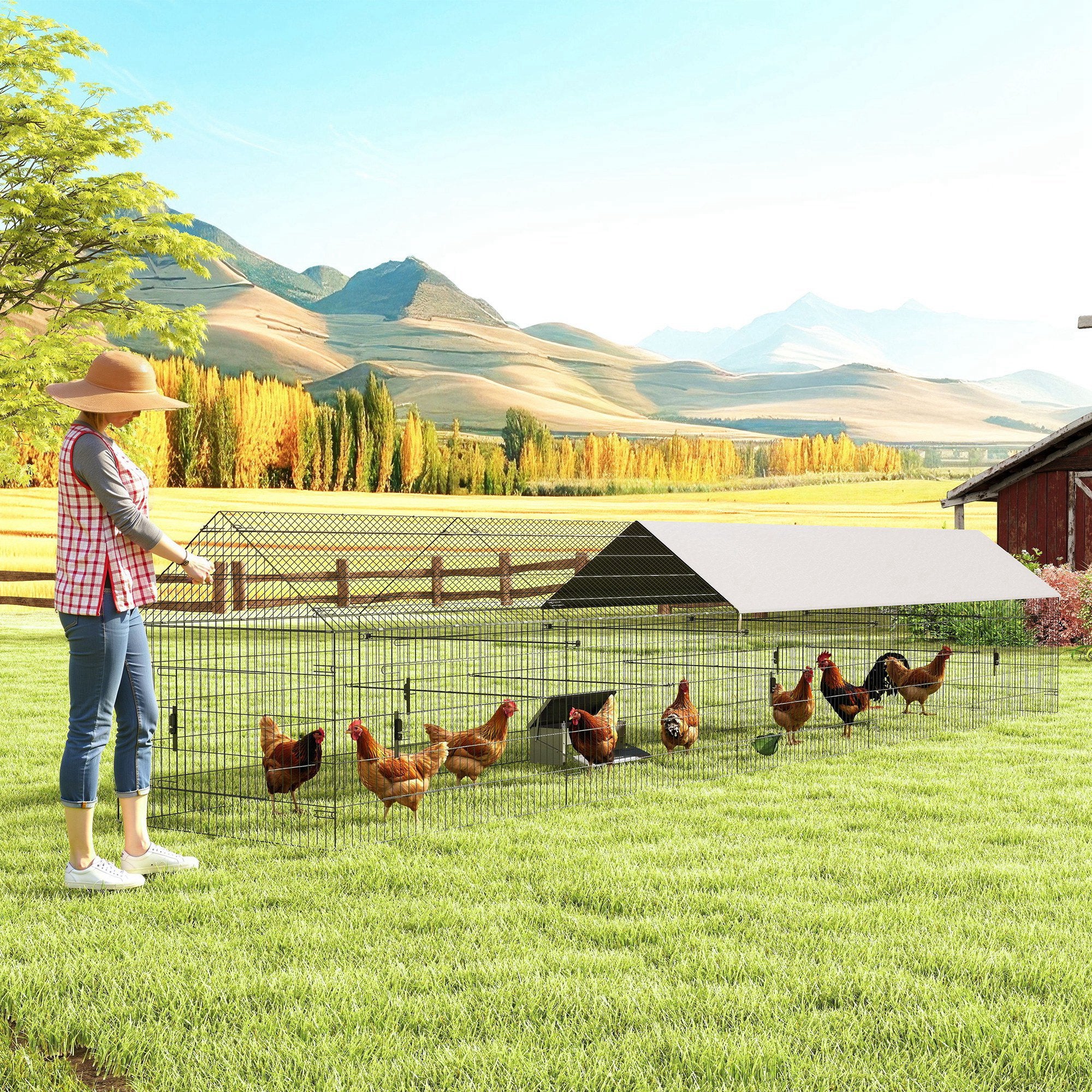 Metal Chicken Coop, Large Chicken Run with Water-Resistant & Anti-UV Cover for 7-9 Hens, Outdoor Hen House Rabbit Hutch with 10 Doors for Duck, Small Animal, for Backyard, 21' x 3.5' x 3.6'