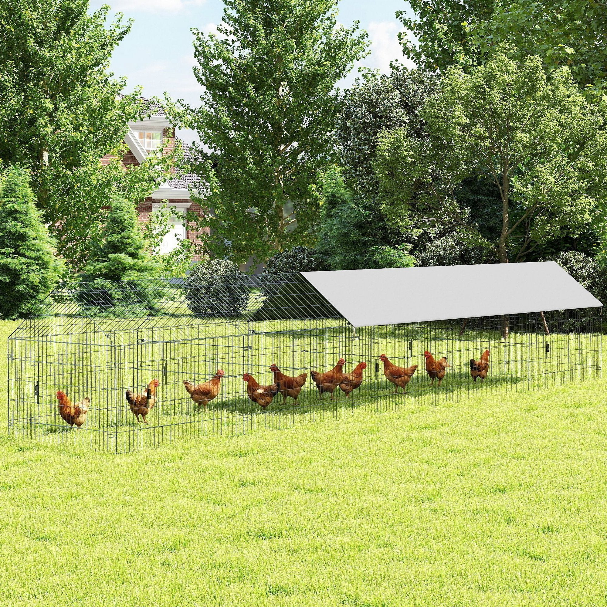 Metal Chicken Coop, Large Chicken Run with Water-Resistant & Anti-UV Cover for 7-9 Hens, Outdoor Hen House Rabbit Hutch with 10 Doors for Duck, Small Animal, for Backyard, 21' x 3.5' x 3.6'